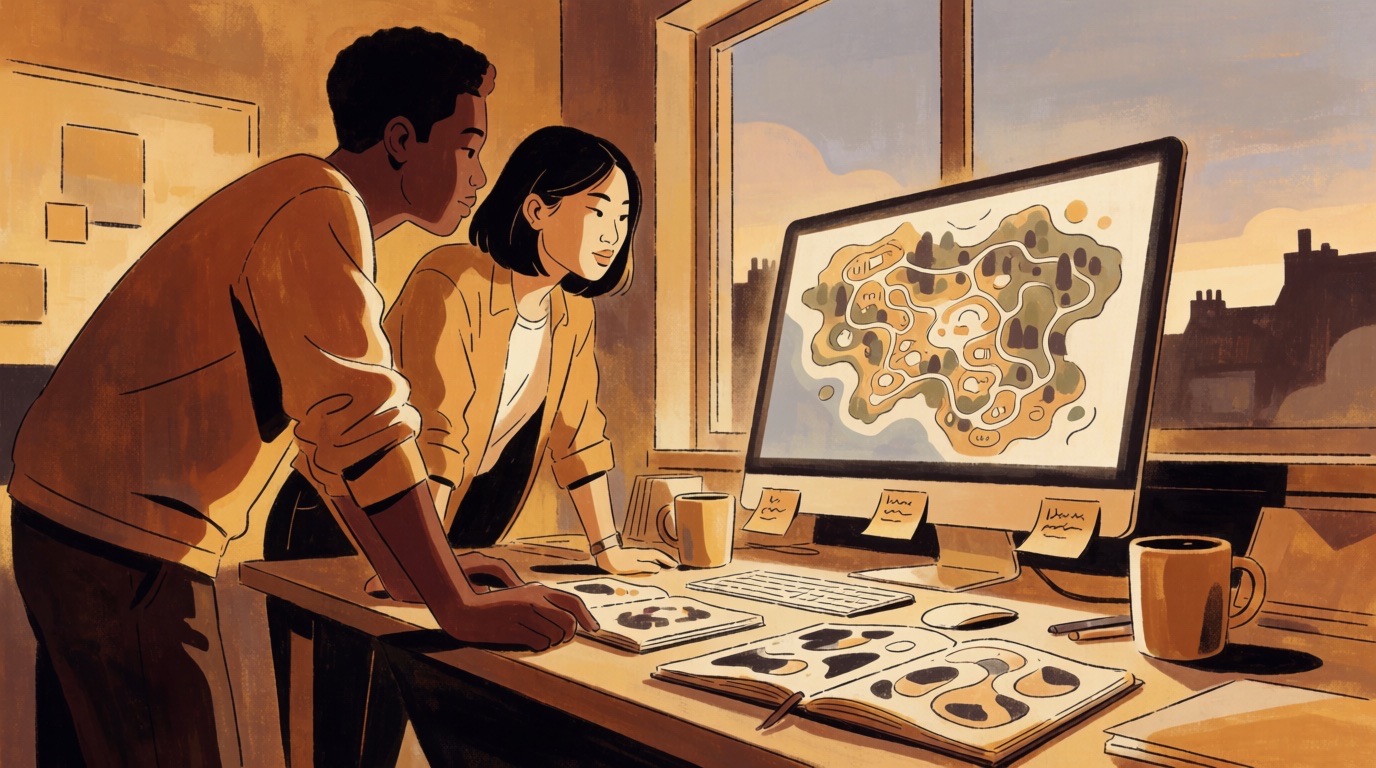 A designer and an engineer watch a living game map redraw itself on a studio monitor at dusk