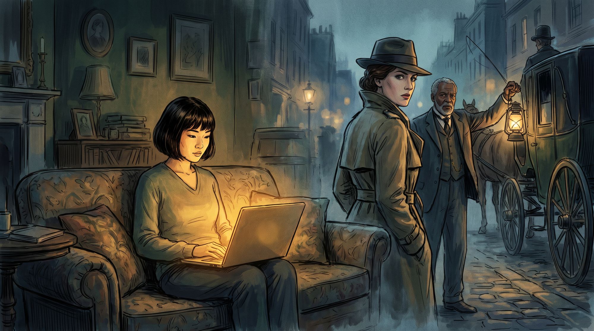 A young East Asian woman on her sofa at night with a laptop, her flat dissolving into the misty Victorian street of the story she is playing, where a young white detective turns to speak to her and an older Black cab driver raises a lantern