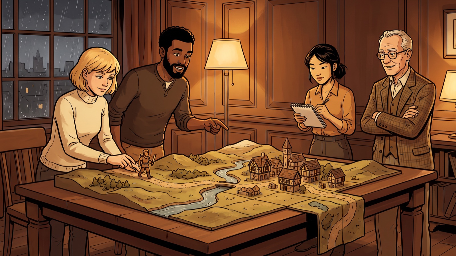 Game makers, white, Black and East Asian, gather round a table as a small wooden figure walks across a miniature landscape of hills, river and village