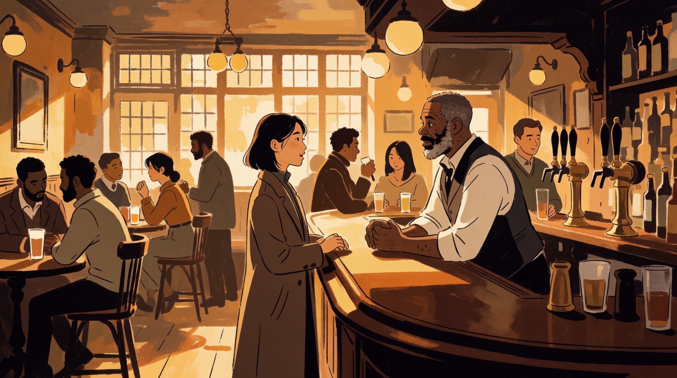 A bartender and a young woman deep in conversation in a warm, busy London pub