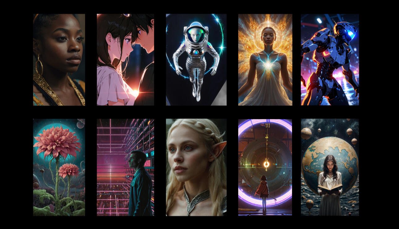 A grid of worlds and characters from Montage: portraits, an astronaut, an elf, a dahlia garden and a girl reading beside a globe