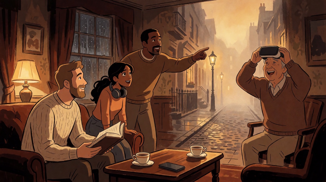 Four friends in a lamplit London sitting room watch the wall dissolve into a foggy Victorian street: a bearded man holding a book, a young woman with headphones, a man pointing at the gas lamps and an older man lifting a VR headset from his eyes, delighted